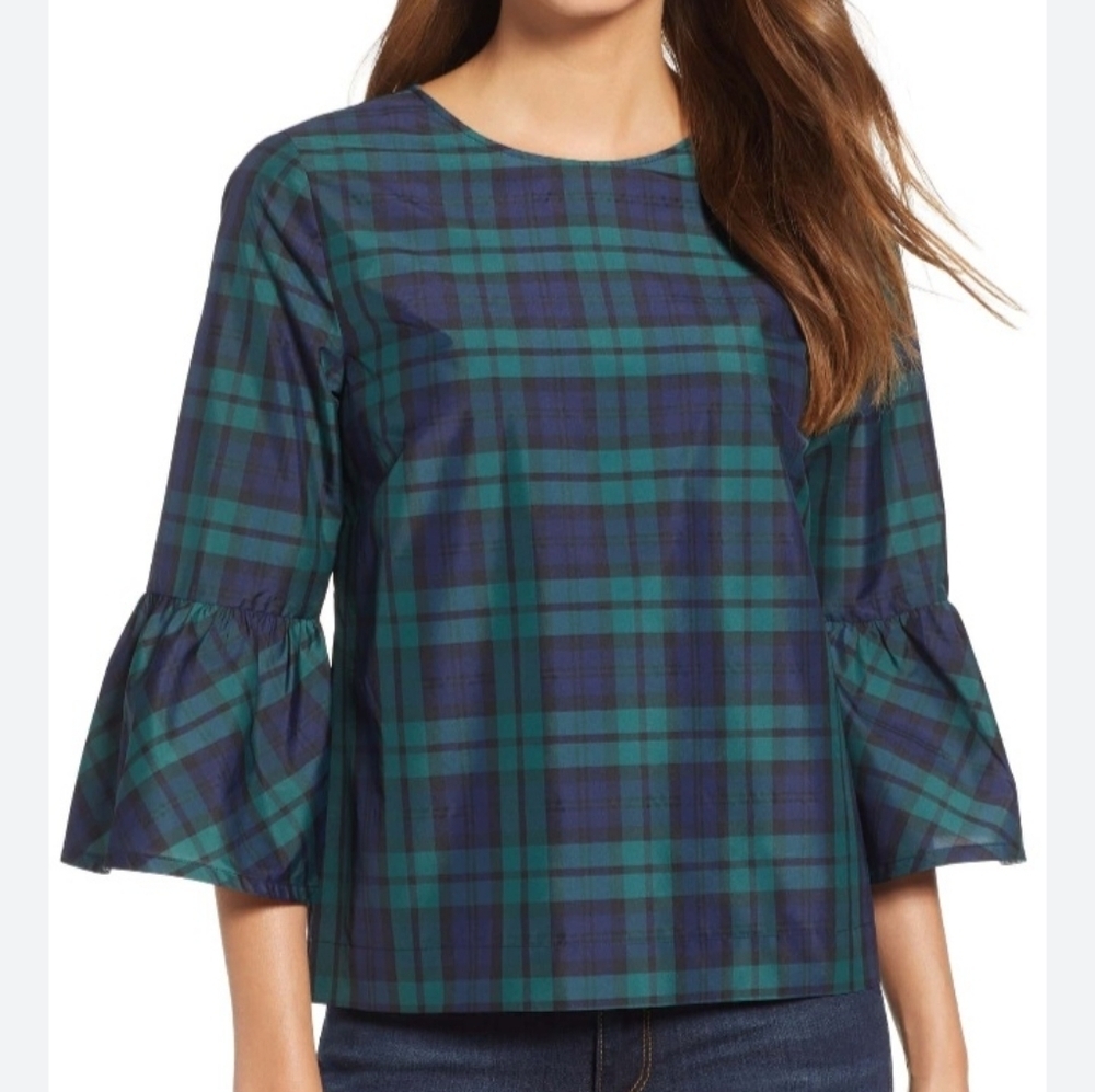 IZOD navy blue green plaid bell sleeve blouse size L